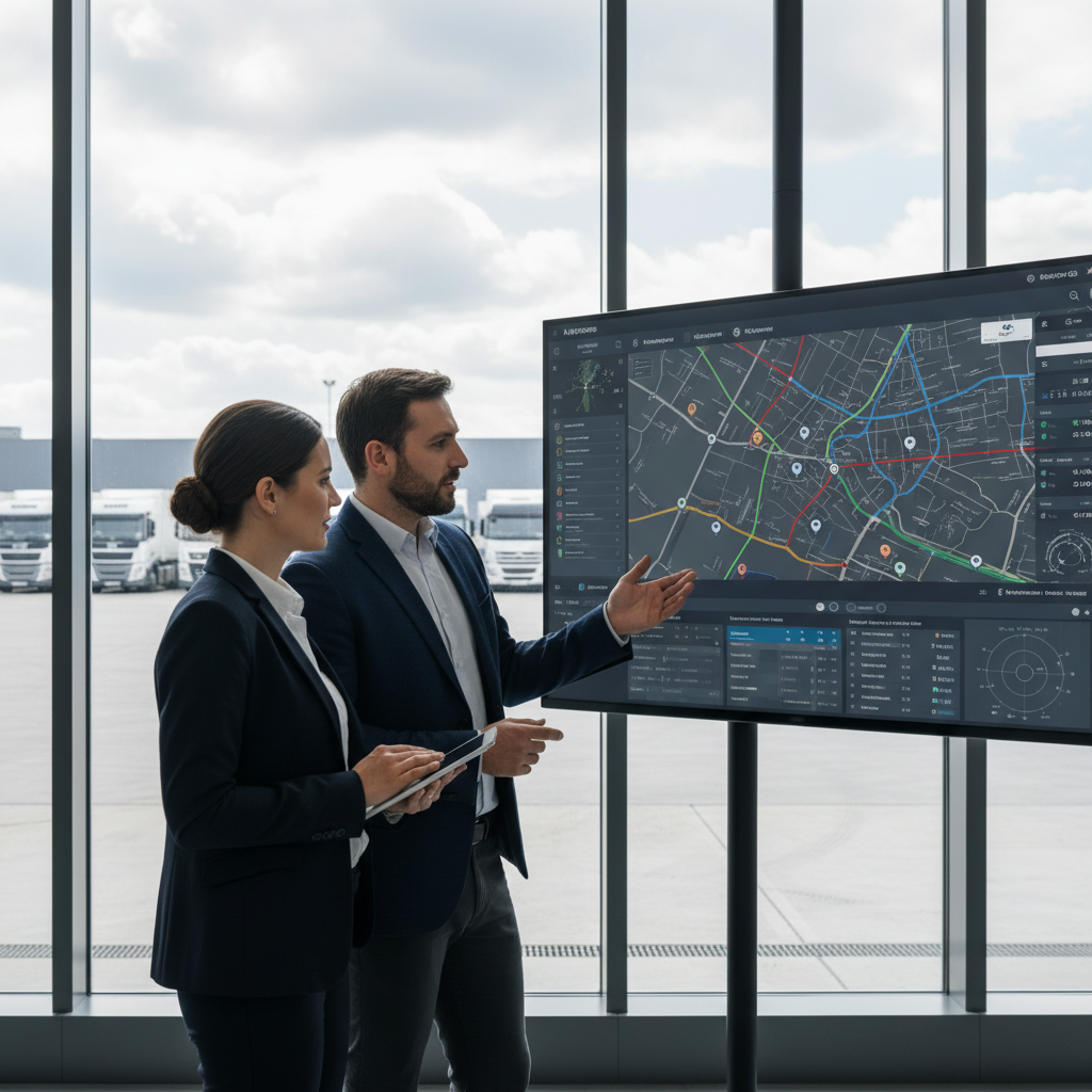Responsables logistiques devant un tableau de bord, camions en arrière-plan.