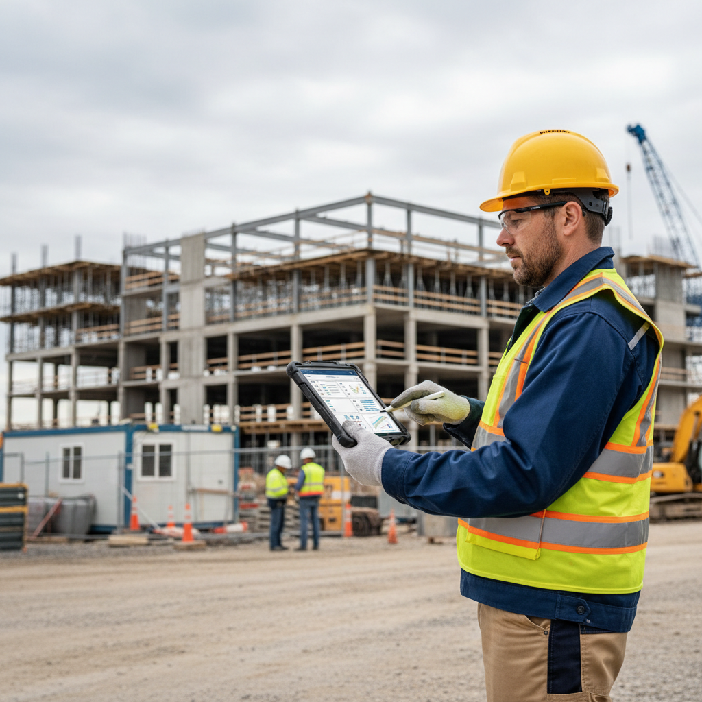 Inspecteur vérifiant des documents sur un chantier.