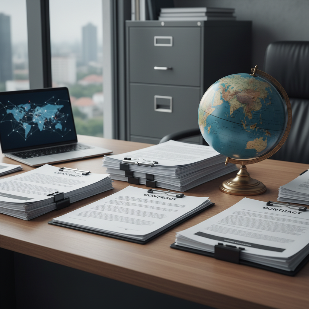 Bureau RH avec documents et globe, symbolisant l'intérim international.