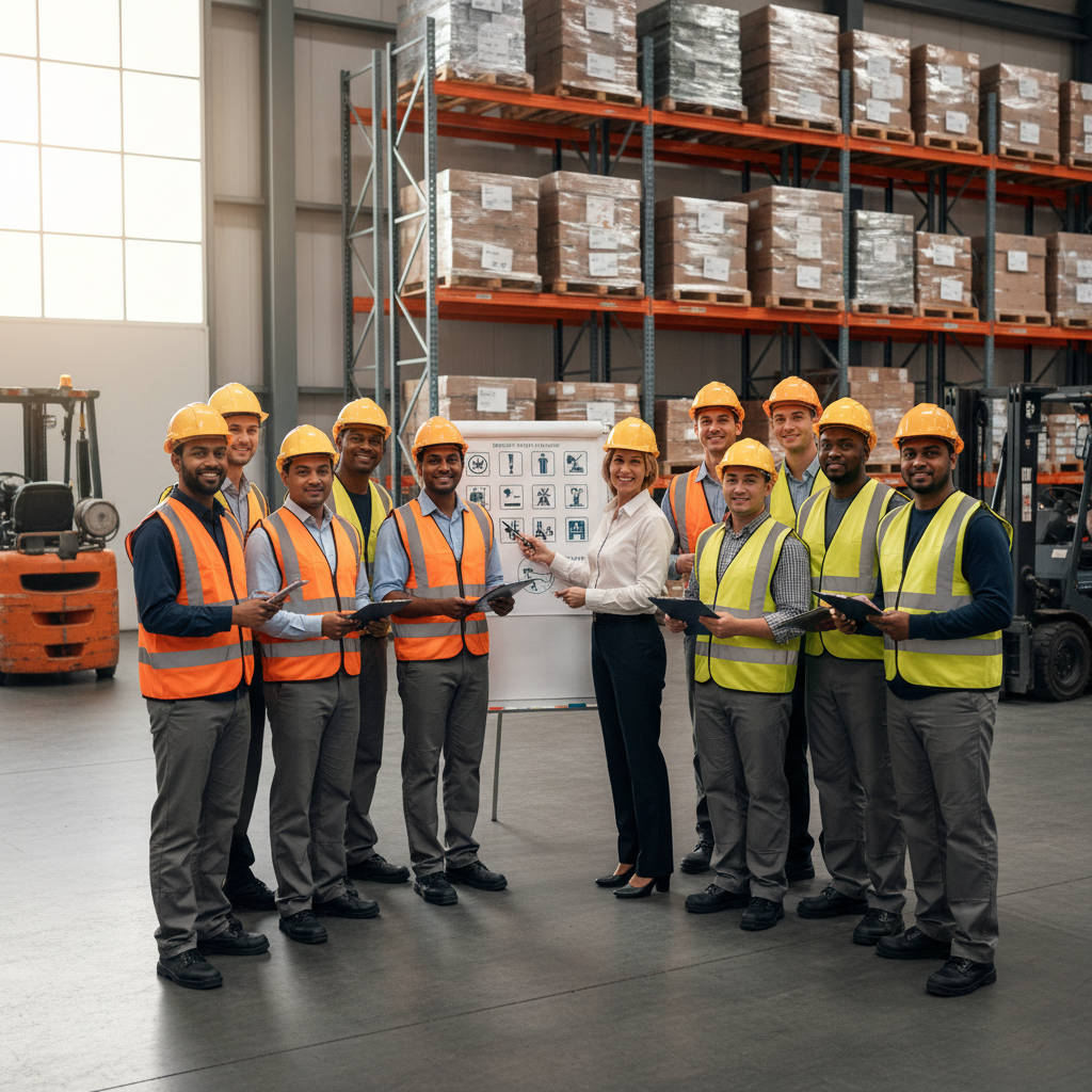 Groupe multinational de travailleurs logistiques lors d'un briefing de sécurité.